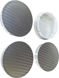 Set van 4 zilvergrijze carbonlook naafdoppen, buitenmaat 60 mm en klemmaat 56 mm