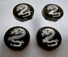 Set van 4 zwarte naafdoppen draak, buitenmaat 60 mm en klemmaat 56 mm