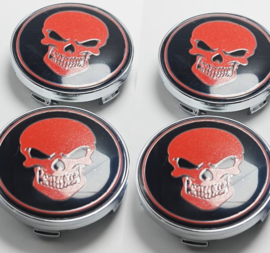 Set van 4 chroomkleurige naafdoppen rode skull, buitenmaat 60 mm en klemmaat 57 mm