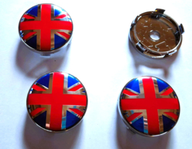 Set van 4 chroomkleurige naafdoppen UK flag, buitenmaat 60 mm en klemmaat 57 mm