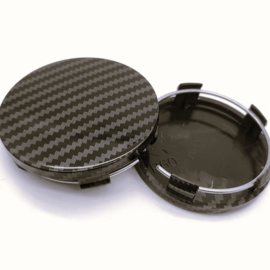 Set van 4 zwarte naafdoppen carbonlook, buitenmaat 60 mm en klemmaat 57 mm