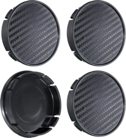 Set van 4 carbonlook zwarte naafdoppen, buitenmaat 60 mm en klemmaat 56 mm