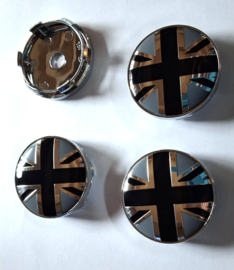 Set van 4 naafdoppen UK flag chroom, buitenmaat 60 mm en klemmaat 56 mm