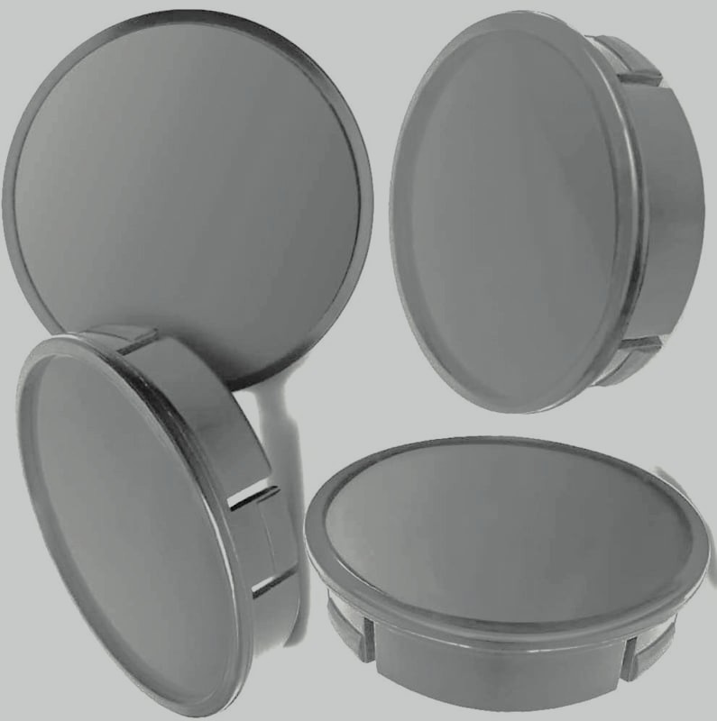 Set van 4 donkergrijze naafdoppen met opstaand randje, buitenmaat 60 mm en klemmaat 56 mm