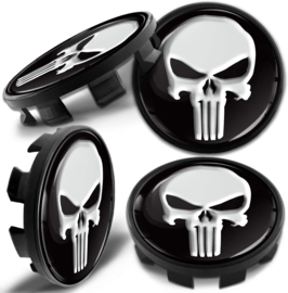 Set van 4 zwarte naafdoppen met embleem skull buitenmaat 68 mm en klemmaat 65,5 mm