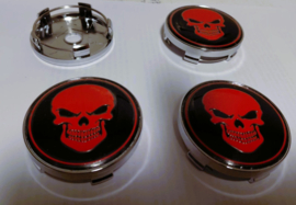 Set van 4 chroomkleurige naafdoppen rode skull, buitenmaat 60 mm en klemmaat 57 mm