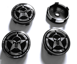 Set van 4 zwarte naafdoppen skull/star, buitenmaat 60 mm en klemmaat 57 mm