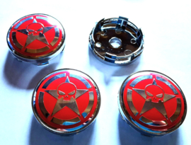 Set van 4 naafdoppen skull/star rood chroom, buitenmaat 60 mm en klemmaat 56 mm