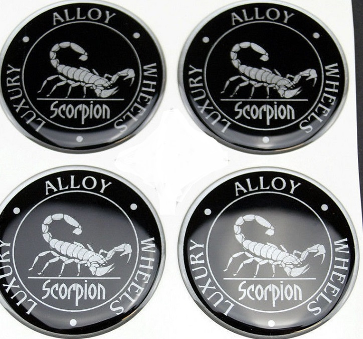 Siliconen logostickers Scorpion motief, set van 4, zelfklevend, 65 mm doorsnede