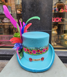 Opgemaakte Wolvilten hoed Aqua/Groen/Roze/Rood
