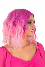 Pruik halflang met wave Pink/Wit 35 cm