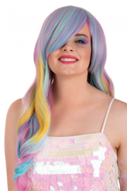 Pruik lang met wave en schuine lok Pastel 70 cm