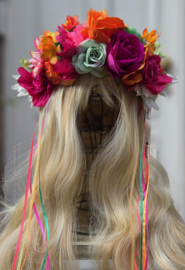 Bloemenband Oranje/Fuchsia/Groen