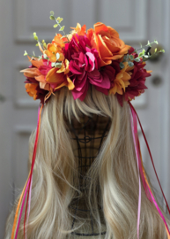 Bloemenband Oranje/Fuchsia