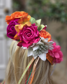 Bloemenband Oranje/Fuchsia/Groen