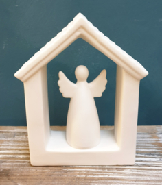 Huisje Wit met engel & verlichting 17 cm