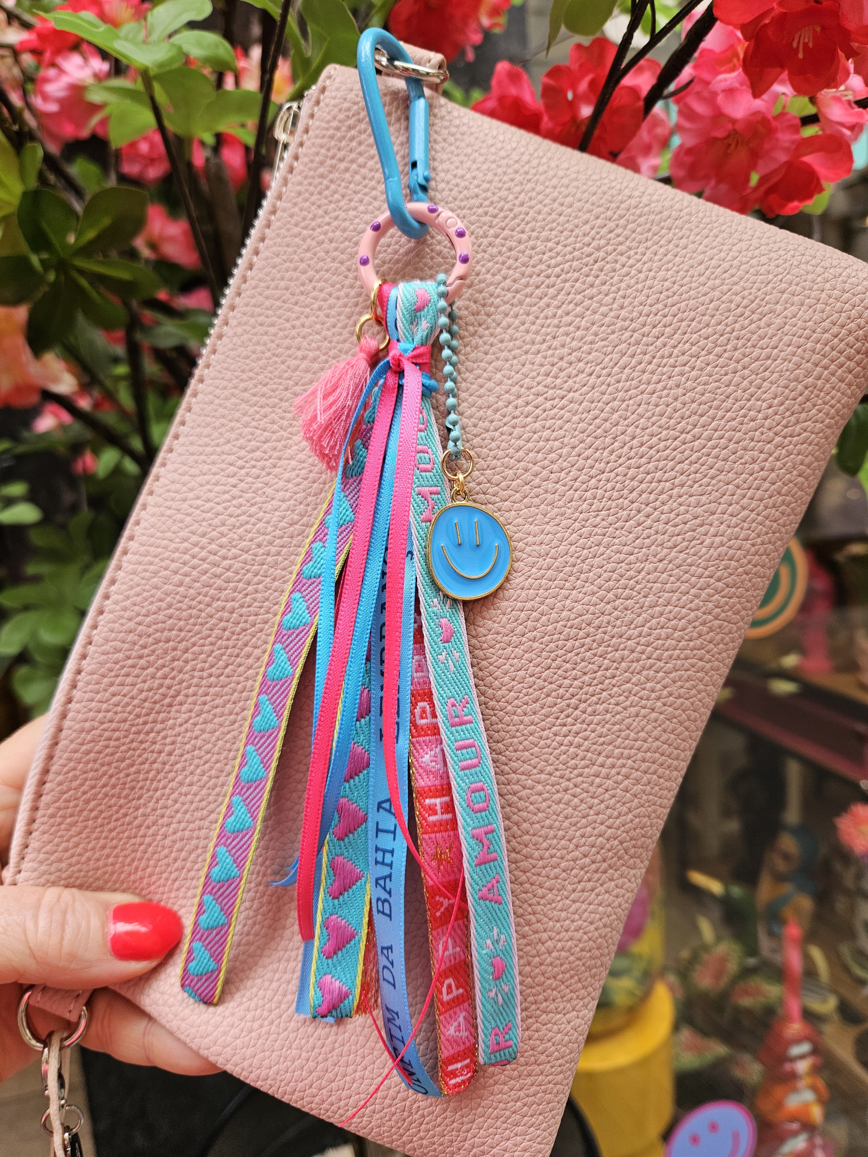 Sleutel/Tashanger Aqua/Pink met Smiley