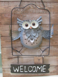 Tekstbord welcome met uil van metaal 60 cm