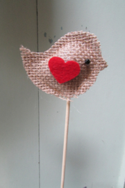 Vogeltje jute  7x5 cm op steker van 30 cm