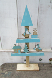 Kerstboom met vogeltjes en huisjes 39 cm (blauw/naturel) (nr24)