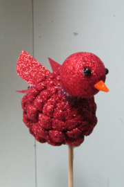 Vogel op steker rood met glitters