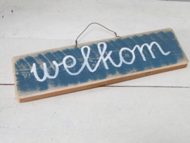 Welkom, blauw en van hout 36x9 cm