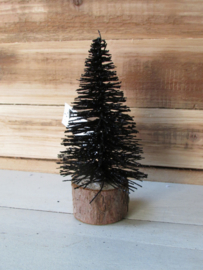 Kerstboompje zwart met glitter op een schijfje 14 cm hoog