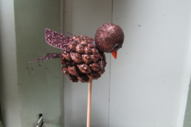 Vogeltje op stokje bruin met glitters