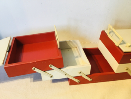 naaikoffertje, harmonica . hout