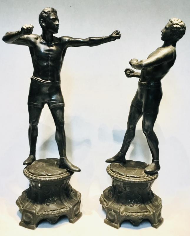 2 boxing men Antique zamac statue sculpture skulptur signed L. Piedboeuf 19th C.