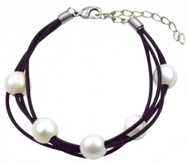 Zoetwater parel armband Black Leather 5 Pearl