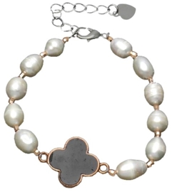 Zoetwater parel armband Pearl Four Leaf Clover Black