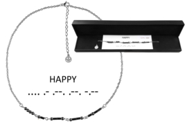 Cadeau set edelstenen ketting Morse Code Happy Black Hematite Silver