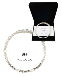 Cadeau set zoetwater parel armband Morse Code BFF Pearl Silver