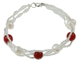 Zoetwater parel en edelstenen armband Twine Pearl Red Jade