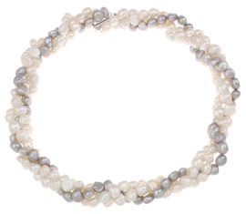 Zoetwater parelketting Three Double Pearl White Grey