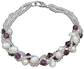 Zoetwater parel met kristallen armband Pearl Crystal Purple