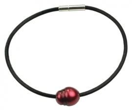 Zoetwater parel armband Black Leather Pearl Red