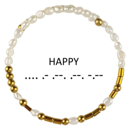 Cadeau set zoetwater parel armband Morse Code Happy Pearl Gold