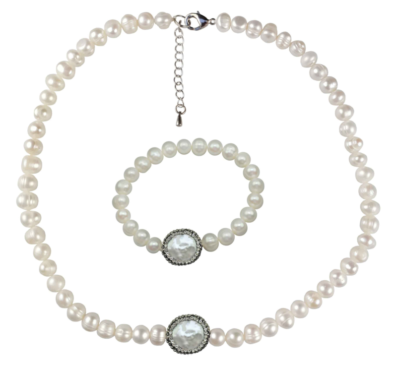 Zoetwaterparel set Bling Coin Pearl  (ketting en armband)