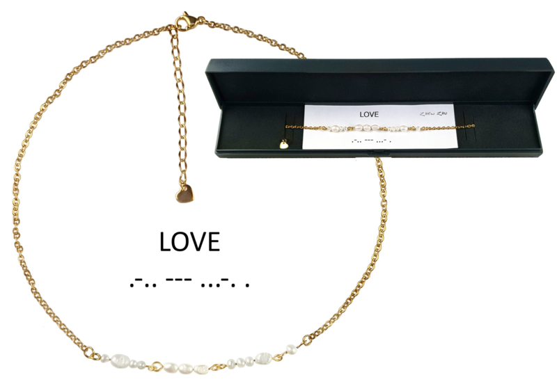 Cadeau set zoetwater parelketting Morse Code Love Pearl Gold
