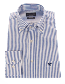 Linnen- overhemd, blauw gestreept, lange mouw, 100% linnen, button down kraag 196020