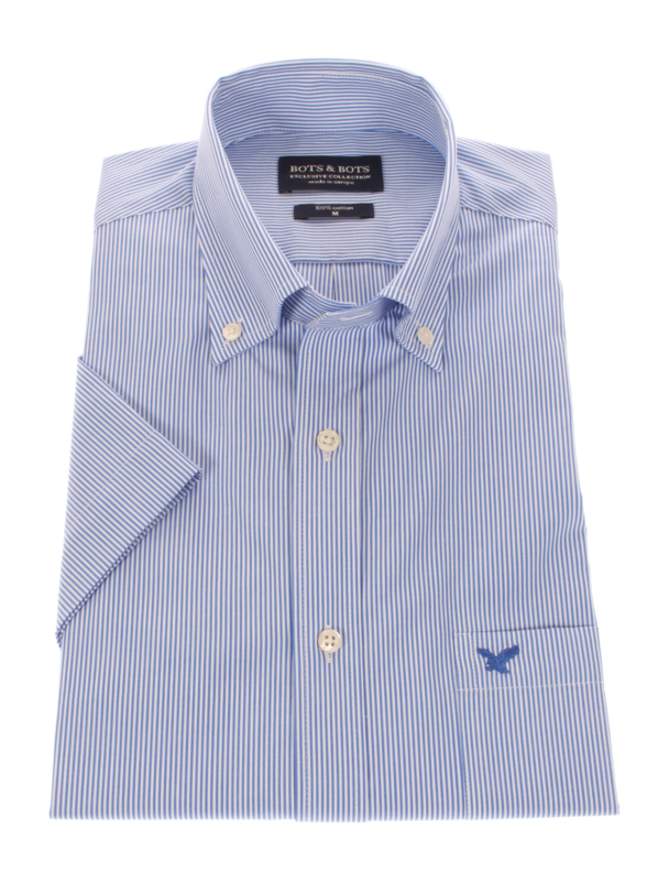 Overhemd korte mouw, 100% katoen, button down kraag, blauw streepje, 197038
