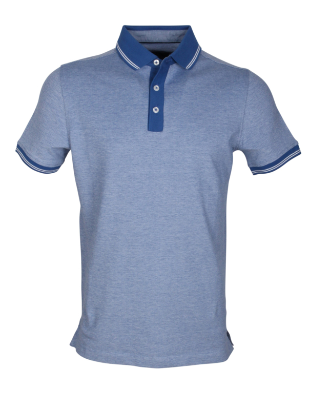 Poloshirt, licht blauw met navy kraag, 95% katoen en 5% elastan, pasvorm slim-fit (194630)