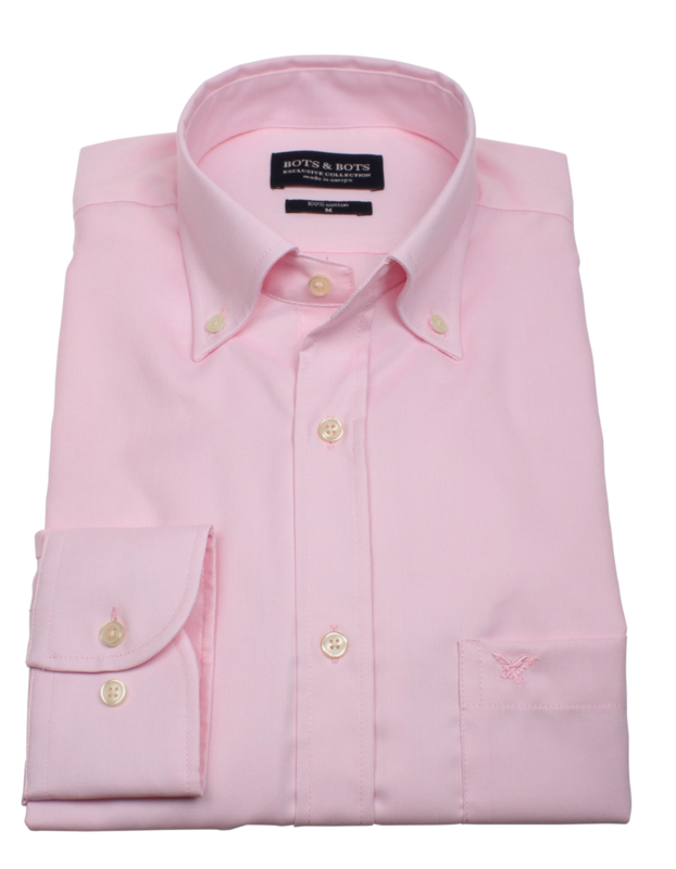 Overhemd 100% katoen, uni pink, button down kraag, lange mouw, (196076)