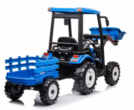 24V GIGA Tractor met frontlader + aanhanger blauw, 24V7ah accu, RC, leder look (JS3158b)