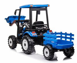 24V GIGA Tractor met frontlader + aanhanger blauw, 24V7ah accu, RC, leder look (JS3158b)