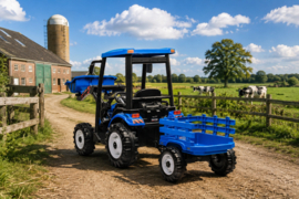 24V GIGA Tractor met frontlader + aanhanger blauw, 24V7ah accu, RC, leder look (JS3158b)