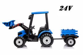 24V GIGA Tractor met frontlader + aanhanger blauw, 24V7ah accu, RC, leder look (JS3158b)