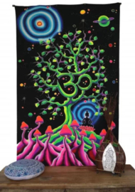 Bedsprei Wandkleed Goa Style UV Blacklight Polyester – OHM Boeddha Levensboom Paddenstoelen – 180 x 110 cm